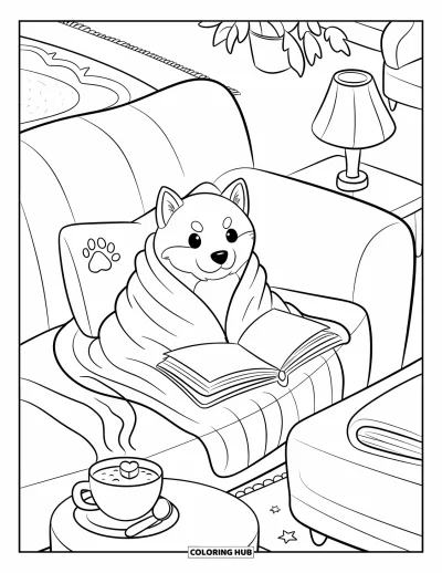 Coloriage de chiots pour adultes : Un chiot Shiba Inu se blottit dans une couverture et profite d’un moment reposant sur le canapé