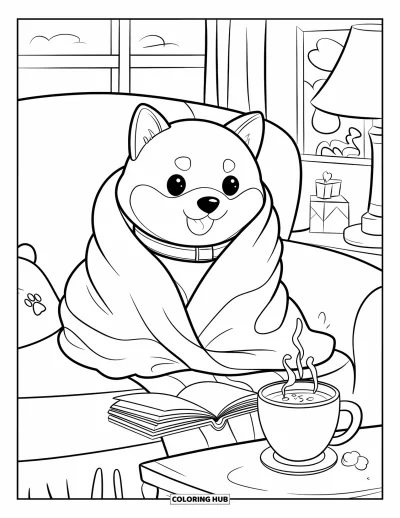 Coloriage de chiots pour adultes : Un chiot Shiba Inu somnolent se détend sur un canapé, blotti dans une couverture duveteuse