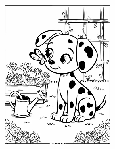 Coloriage de chiots pour adultes : Un chiot Dalmatien tacheté observe avec curiosité un papillon posé sur son museau