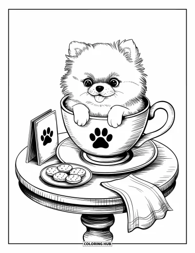 Coloriage de chiots pour adultes : Un tout petit chiot Spitz nain se repose dans une tasse à thé, entouré de douceurs de café