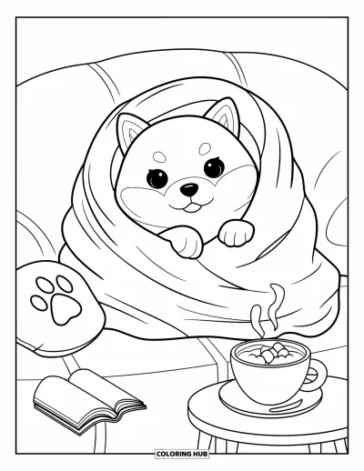 Coloriage de chiots pour adultes : Un chiot Shiba Inu, tout chaud et somnolent, se roule dans une couverture sur un coussin moelleux