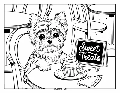 Coloriage de chiots pour adultes : Un chiot Yorkshire Terrier observe avec impatience un cupcake posé sur une table, prêt pour une gourmandise