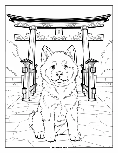 Coloriage de chiots pour adultes : Un chiot Akita Inu se repose devant un portail torii, entouré d’un jardin paisible