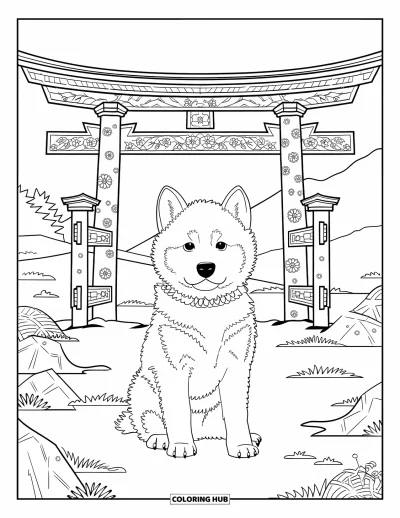 Coloriage de chiots pour adultes : Un chiot Akita Inu est assis fièrement devant un portail torii japonais détaillé avec des ornements floraux