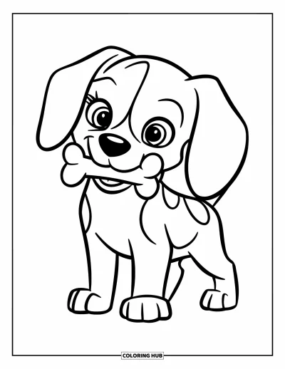 Coloriage de chiots pour enfants : Un chiot Beagle aux oreilles tombantes est assis avec un os, prêt pour une partie amusante