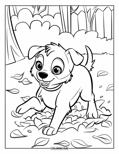 Coloriage de chiots pour enfants : Un chiot Border Collie mordille des feuilles qui tombent en jouant dans le jardin