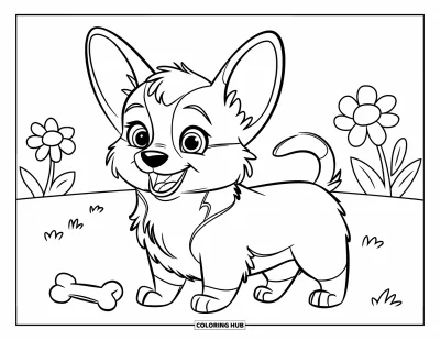 Coloriage de chiots pour enfants : Un chiot Corgi joyeux aux grandes oreilles se tient fièrement dans un champ fleuri
