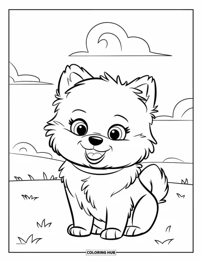 Coloriage de chiots pour enfants : Un chiot Spitz nain joyeux à la queue touffue est assis dans l’herbe, en souriant