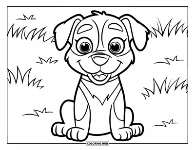 Coloriage de chiots pour enfants : Un chiot Rottweiler joyeux est assis sur l’herbe, queue frétillante et oreilles tombantes