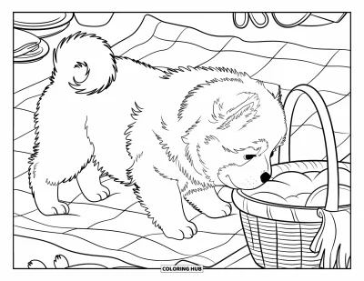 Coloriage de chiots pour enfants : Un chiot Chow-Chow est assis près d’une couverture de pique-nique, l’œil sur un délicieux repas