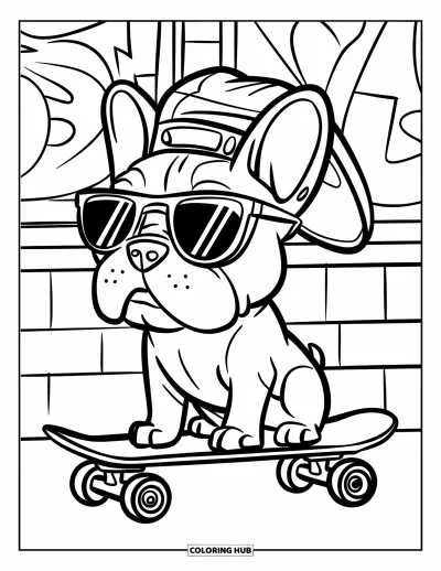 Coloriage de chiots pour enfants : Un chiot Bouledogue français stylé avec des lunettes de soleil pose sur un skateboard près d’un mur graffiti