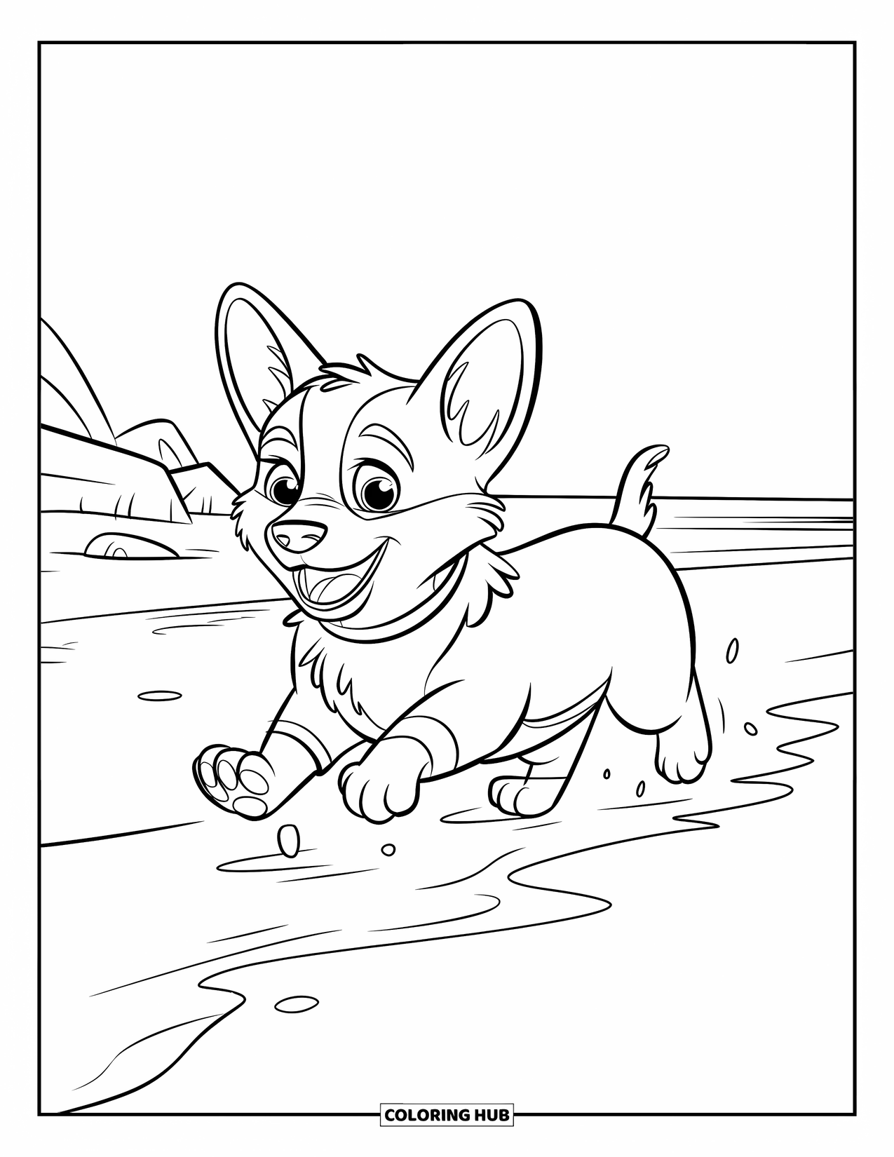 Puppy Coloring Page for Kids: A Corgi puppy races along the shore, ears flapping in the ocean breeze