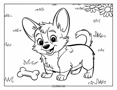 Coloriage de chiots pour enfants : Un chiot Corgi penche la tête avec enthousiasme à côté d’un petit os dans l’herbe