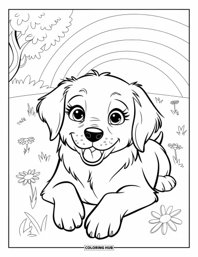 Coloriage de chiots pour enfants : Un chiot Golden Retriever câlin se repose au sol, détendu et satisfait