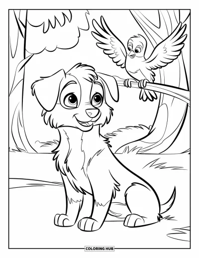 Coloriage de chiots pour enfants : Un chiot Berger australien curieux lève les yeux vers un oiseau posé sur une branche