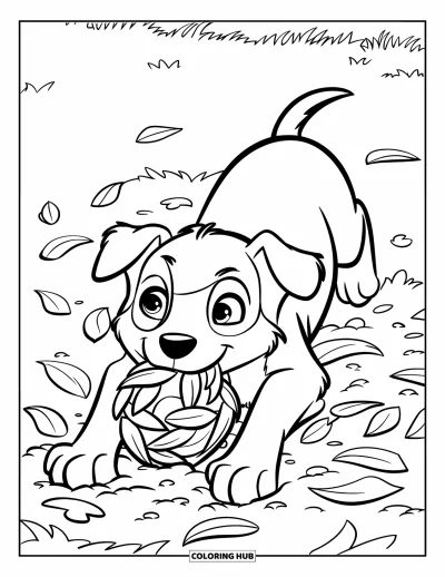 Coloriage de chiots pour enfants : Un chiot Border Collie curieux se roule dans un tas coloré de feuilles d’automne