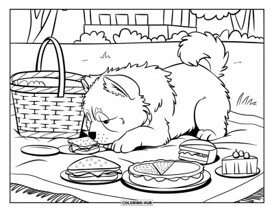 Coloriage de chiots pour enfants : Un chiot Chow-Chow curieux renifle un panier de gourmandises dans une scène de pique-nique paisible