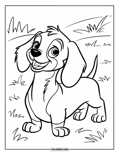 Coloriage de chiots pour enfants : Un chiot Teckel curieux aux longues oreilles se tient joyeusement, prêt à jouer