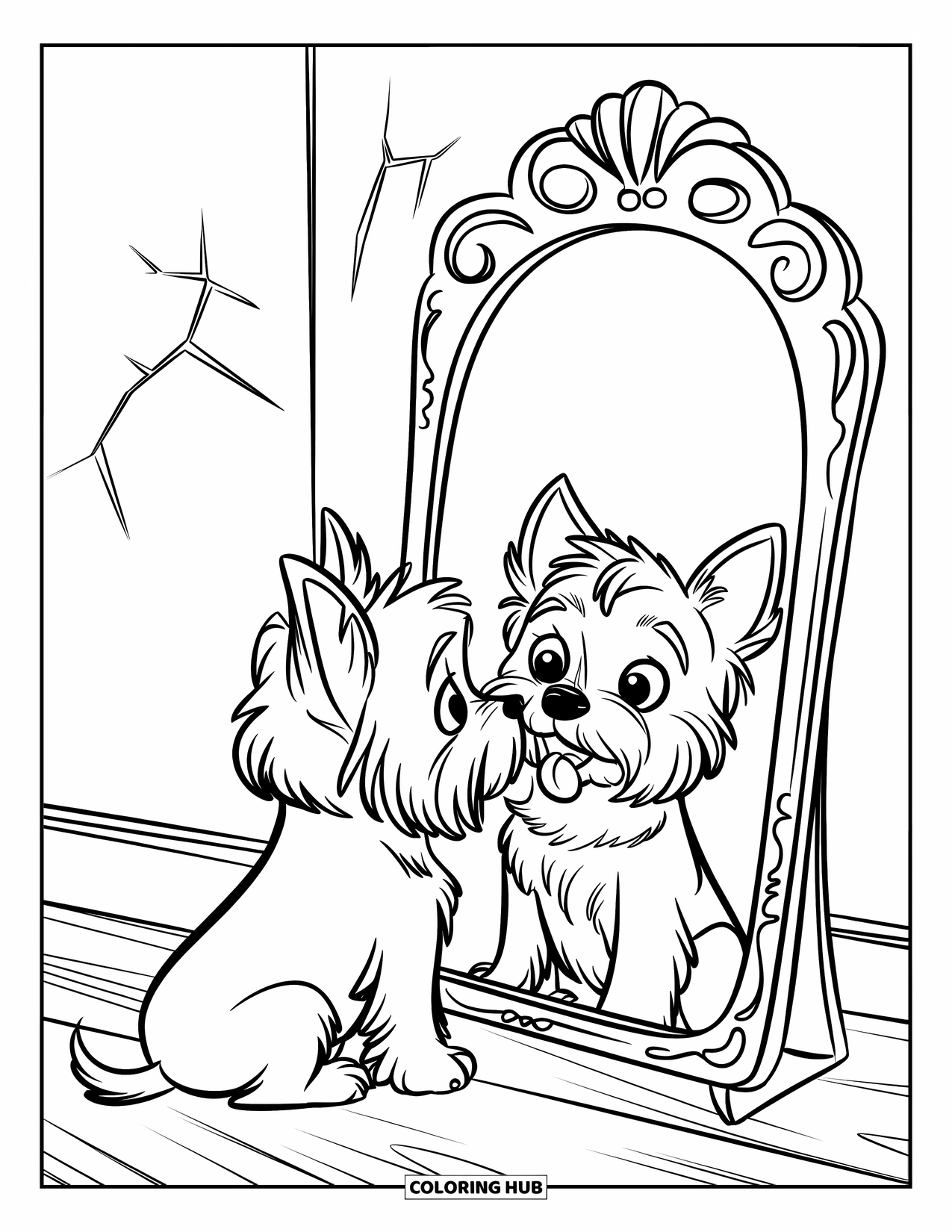 Puppy Coloring Page for Kids: A curious Yorkie puppy stares at its reflection in a vintage-style mirror