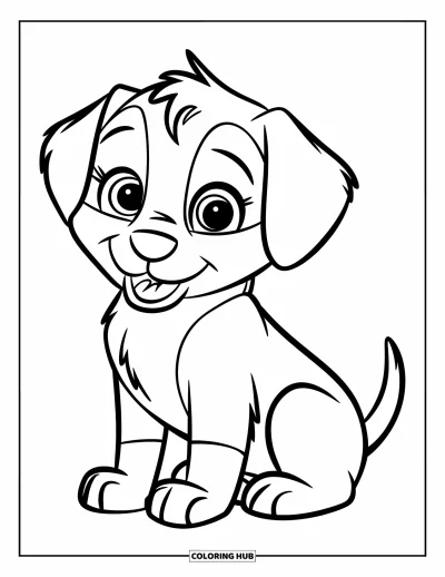 Coloriage de chiots pour enfants : Un adorable chiot Labrador Retriever est assis, queue frétillante et grands yeux impatients