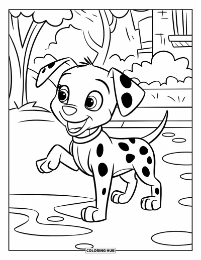 Coloriage de chiots pour enfants : Un chiot Dalmatien lève une patte en fixant son reflet dans une flaque
