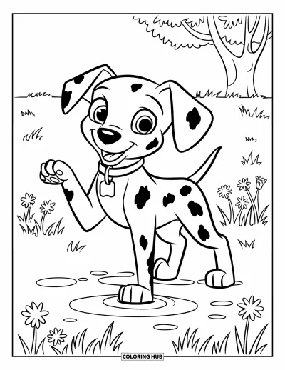 Coloriage de chiots pour enfants : Un chiot Dalmatien se tient près d’une flaque, en regardant les ondulations se former dans l’eau