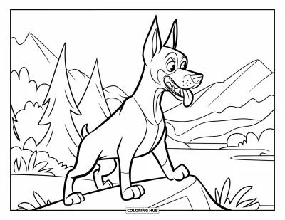 Coloriage de chiots pour enfants : Un chiot Dobermann se tient fièrement sur un rocher, la gueule ouverte, en regardant au loin