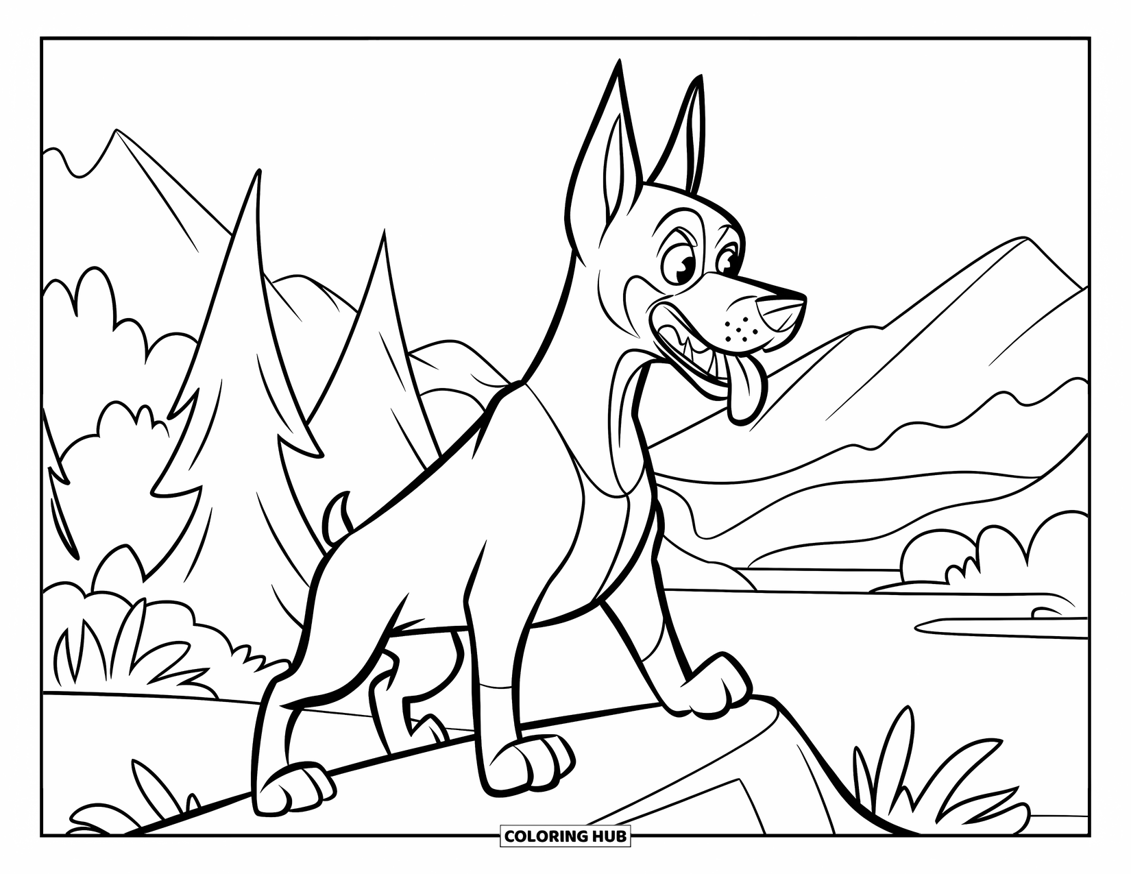 Puppy Coloring Page for Kids: A Doberman puppy stands proudly on a rock, looking into the distance with its mouth open
