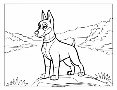 Coloriage de chiots pour enfants : Un chiot Dobermann avec un collier se tient sur un rocher, face à un lac et des montagnes