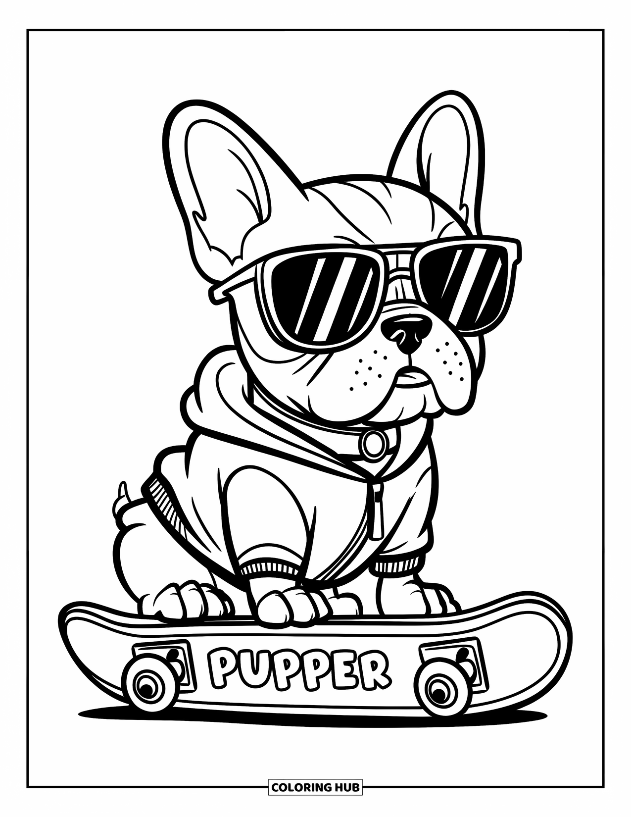Puppy Coloring Page for Kids: A fashionable Bulldog puppy lounges on a skateboard, looking ready to roll