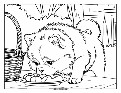 Coloriage de chiots pour enfants : Un chiot Chow-Chow duveteux explore un panier de pique-nique à l’ombre des arbres