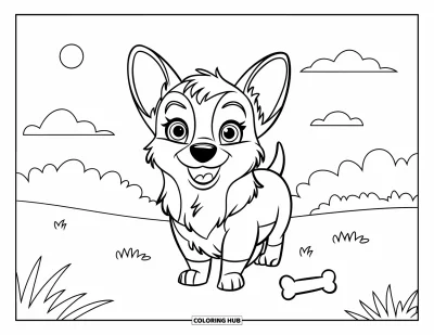 Coloriage de chiots pour enfants : Un chiot Corgi tout duveteux se tient heureux, oreilles dressées et queue qui remue de joie