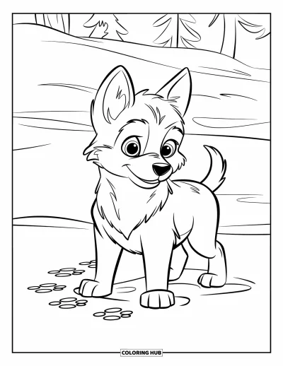 Coloriage de chiots pour enfants : Un chiot Husky duveteux contemple le paysage enneigé, son souffle visible dans l’air froid