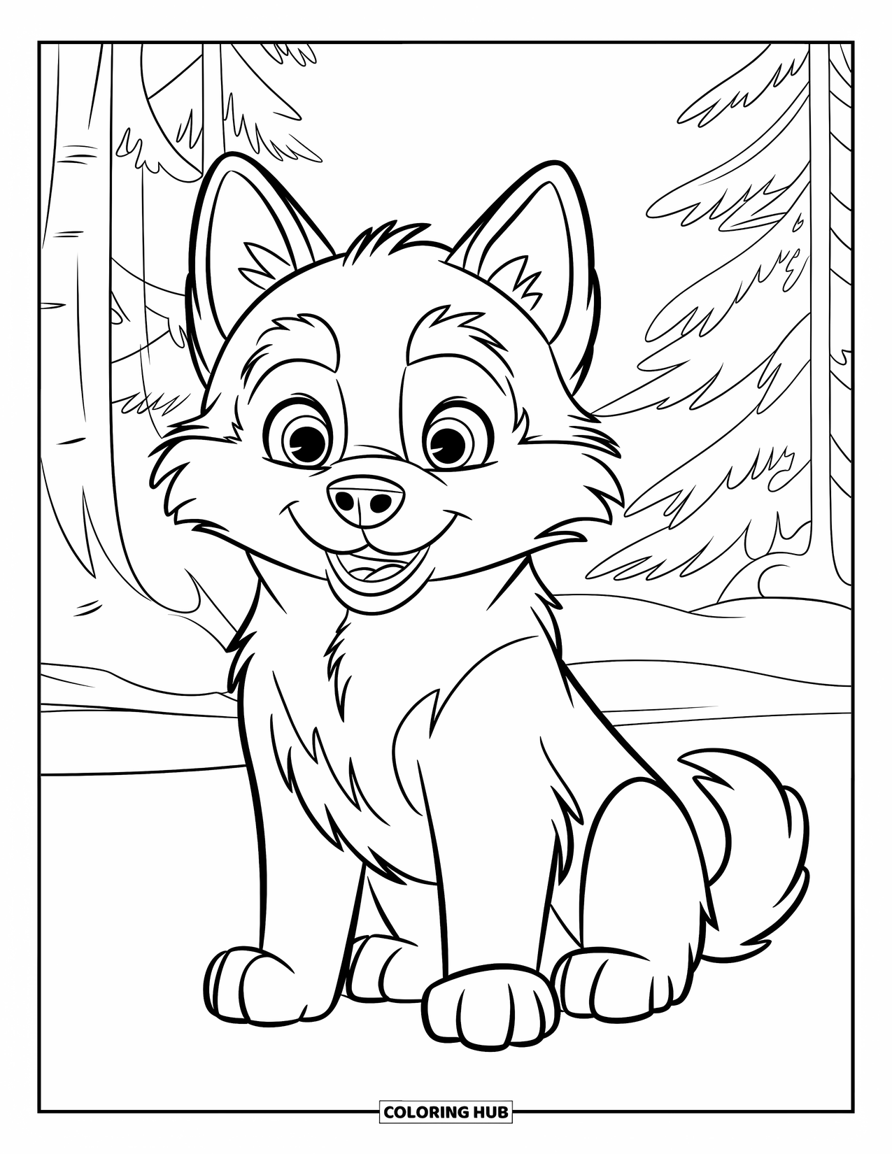 Puppy Coloring Page for Kids: A fluffy Husky puppy sits in a winter landscape, enjoying the fresh snow