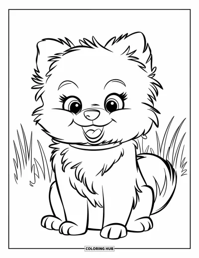 Coloriage de chiots pour enfants : Un chiot Spitz nain duveteux est assis joyeusement, avec un adorable collier autour du cou