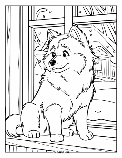 Coloriage de chiots pour enfants : Un chiot Samoyède duveteux est assis sur un rebord de fenêtre, regardant un paysage enneigé
