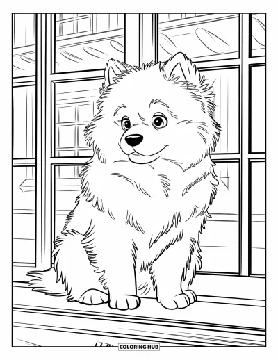 Coloriage de chiots pour enfants : Un chiot Samoyède duveteux observe à travers une fenêtre en bois, admirant les bâtiments au loin