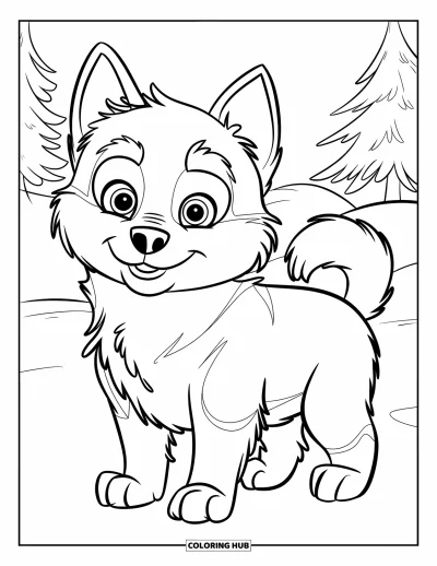 Coloriage de chiots pour enfants : Un chiot Husky de Sibérie duveteux est assis dans la neige avec un petit sourire joyeux