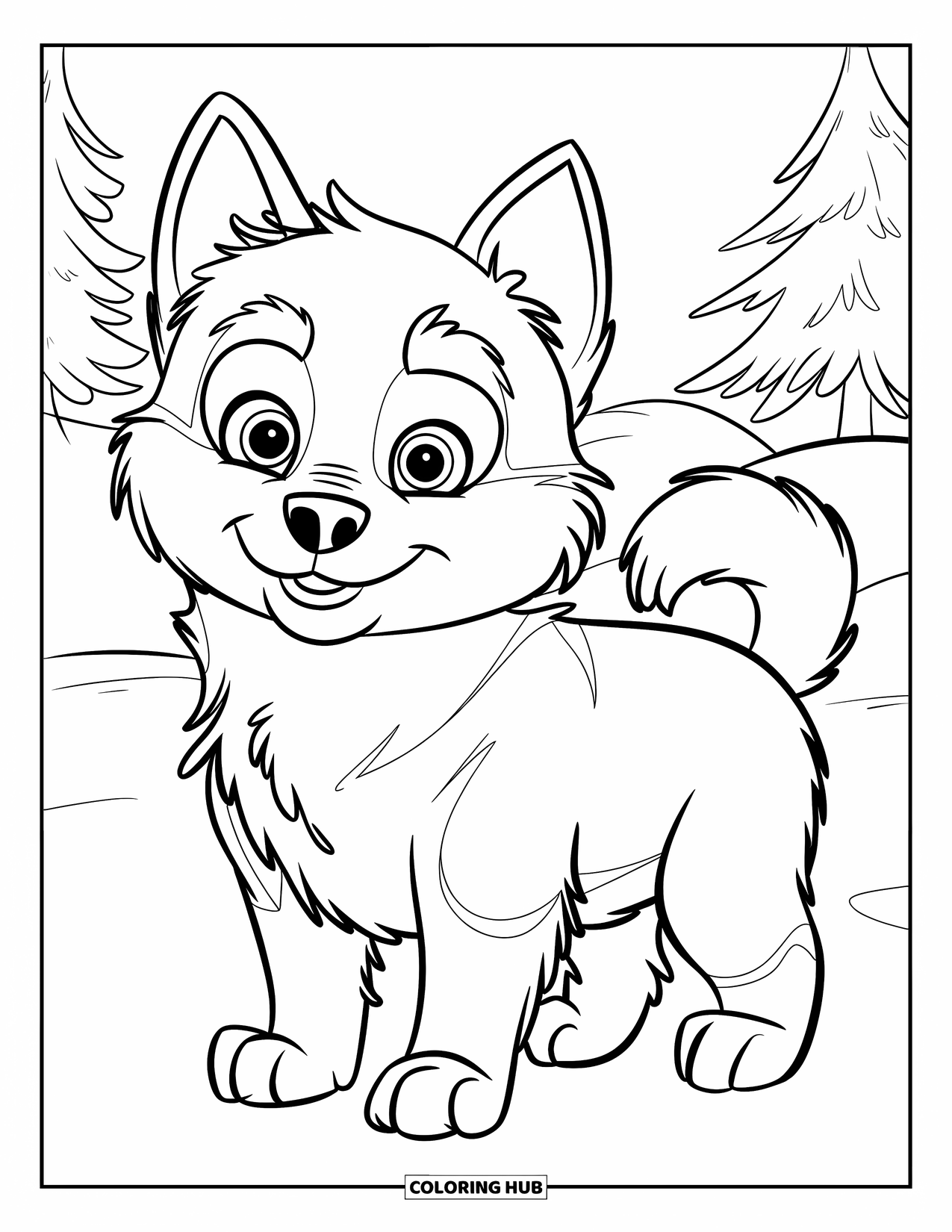 Puppy Coloring Page for Kids: A fluffy Siberian Husky puppy sits in the snow with a tiny, happy smile