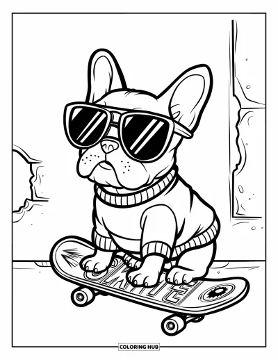 Coloriage de chiots pour enfants : Un chiot Bouledogue français en sweat à capuche garde l’équilibre sur un skateboard avec un grand sourire