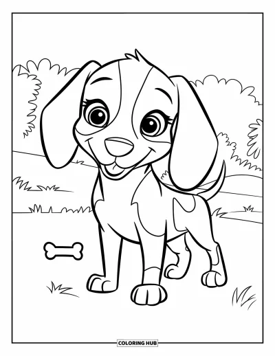 Coloriage de chiots pour enfants : Un chiot Beagle amical se tient dans l’herbe, avec un petit os à côté de lui