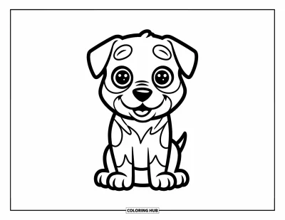 Coloriage de chiots pour enfants : Un chiot Rottweiler amical est assis joyeusement, avec de grands yeux ronds