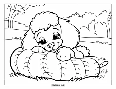 Coloriage de chiots pour enfants : Un chiot Caniche doux repose sa tête sur une couverture moelleuse dans un champ herbeux