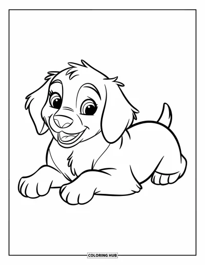 Coloriage de chiots pour enfants : Un chiot Golden Retriever est couché, avec ses oreilles tombantes et une expression heureuse