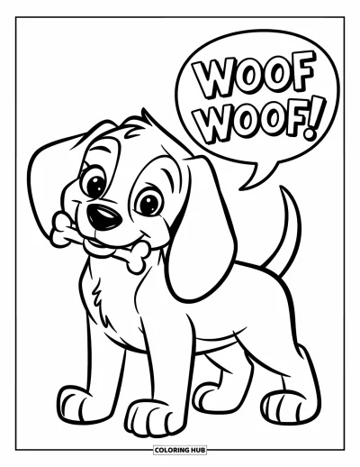 Coloriage de chiots pour enfants : Un chiot Beagle heureux remue la queue en tenant un os dans sa gueule