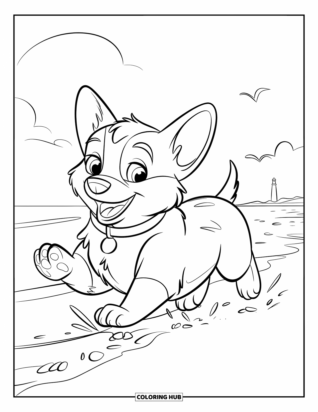 Puppy Coloring Page for Kids: A happy Corgi puppy dashes across the sand, wearing a collar with a tag