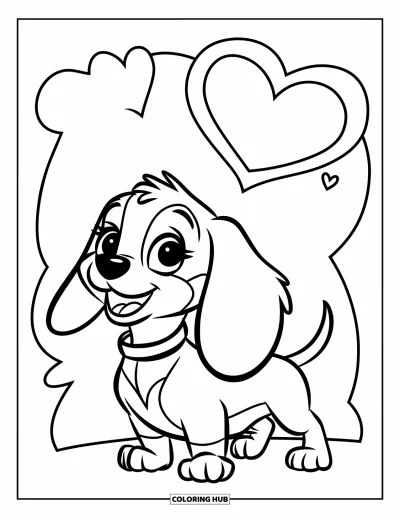 Coloriage de chiots pour enfants : Un chiot Teckel heureux lève les yeux avec de grands yeux, en attente d’attention