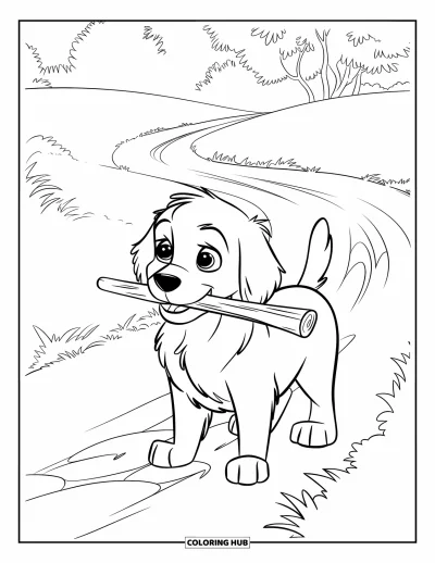 Coloriage de chiots pour enfants : Un chiot Golden Retriever heureux trottine sur un chemin avec un bâton dans la gueule