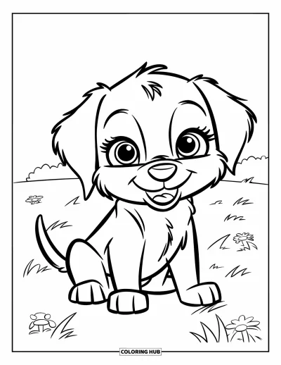 Coloriage de chiots pour enfants : Un chiot Labrador heureux penche la tête, oreilles dressées, prêt à s’amuser