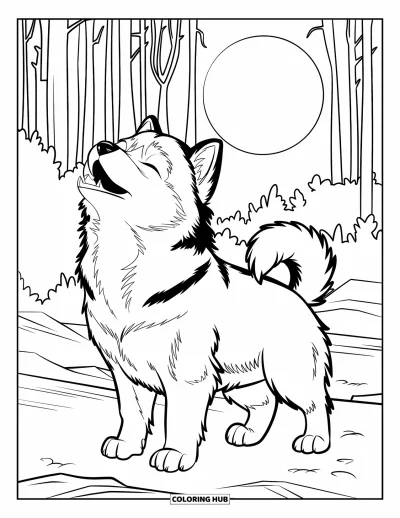Coloriage de chiots pour enfants : Un chiot Malamute hurlant est assis sur un terrain rocheux, entouré d’arbres et de clair de lune
